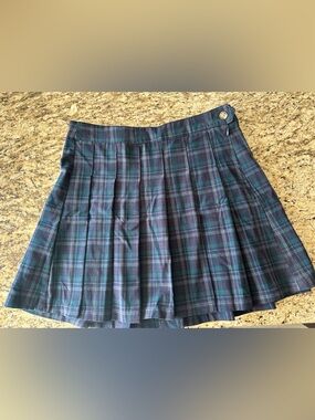 American Eagle Outfitters Navy and Green Plaid Pleated Mini Skirt Size 10